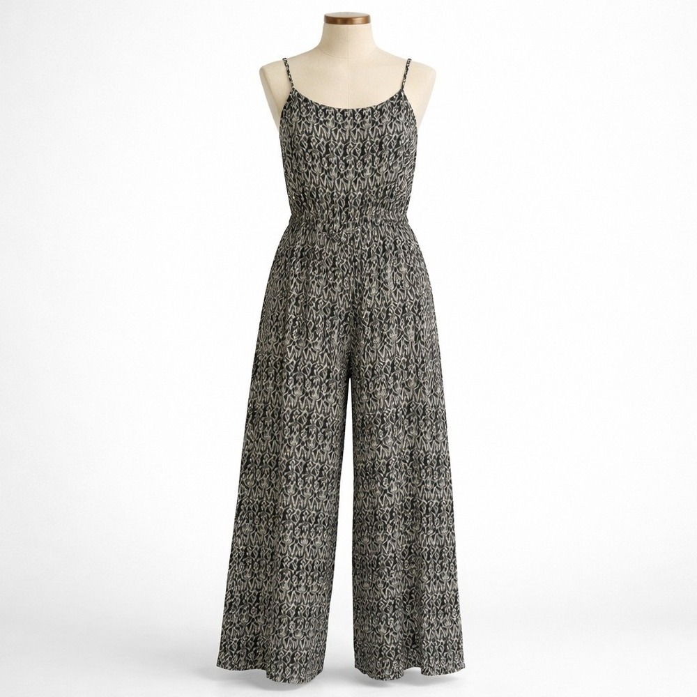 Y2K Forever 21 Ikat Wide Leg Jumpsuit Size S Black White Boho Resort Festival